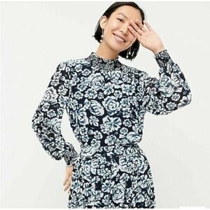 J.Crew Crinkle High Neck Long Sleeve Blouse Blue Shaded Floral Small $89